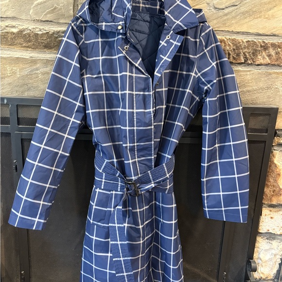 Lands' End Jackets & Blazers - Lands' End Navy Checkered  Belted Rain Coat with Detachable Lining and Hood